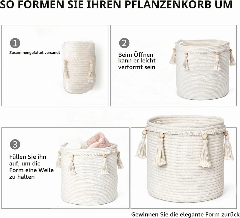 Mkono Makramee Dekorativer Baumwollseilkorb Boho Woven Quaste Schrank Aufbewahrungsbehälter Organize