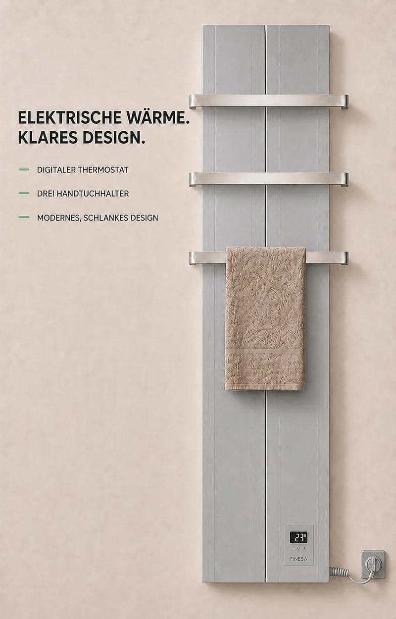 Finesa-D Badheizkörper elektrisch mit Thermostat 1500×408 mm | 1200 W – Flacher Paneel Design Handtu