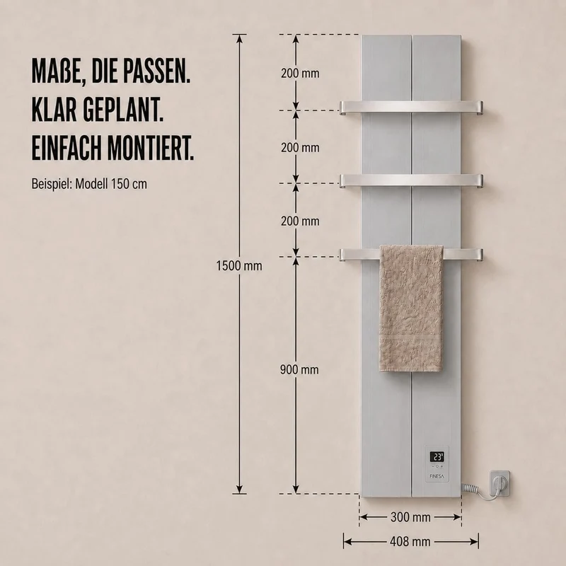 Finesa-D Badheizkörper elektrisch mit Thermostat 1500×408 mm | 1200 W – Flacher Paneel Design Handtu