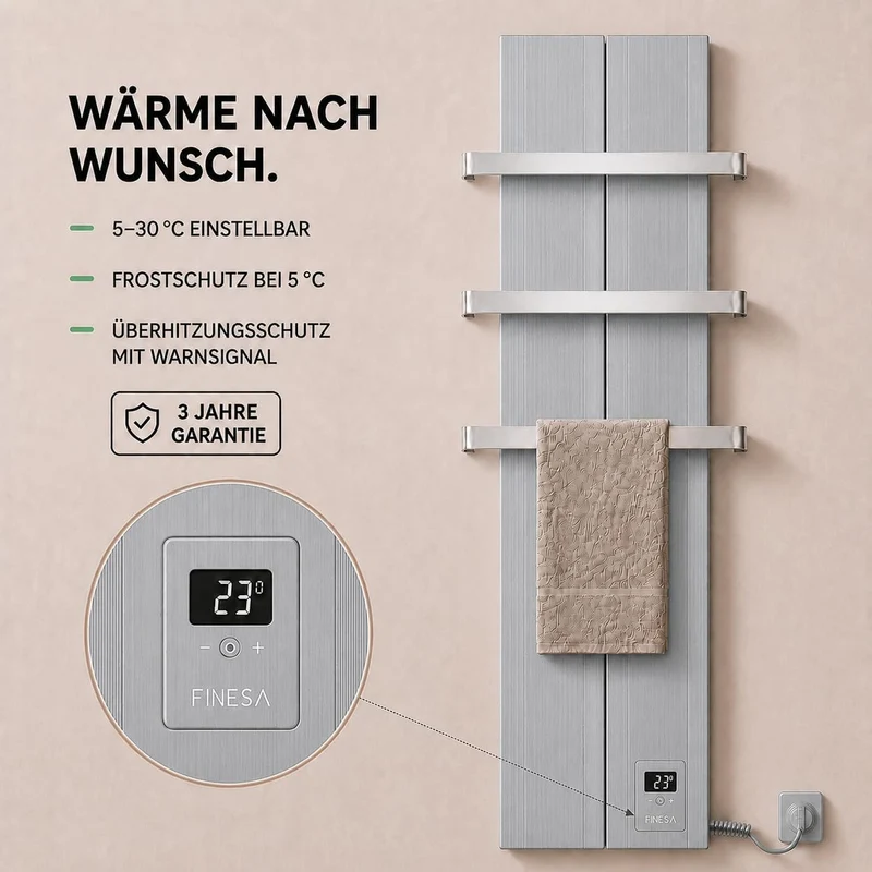 Finesa-D Badheizkörper elektrisch mit Thermostat 1500×408 mm | 1200 W – Flacher Paneel Design Handtu