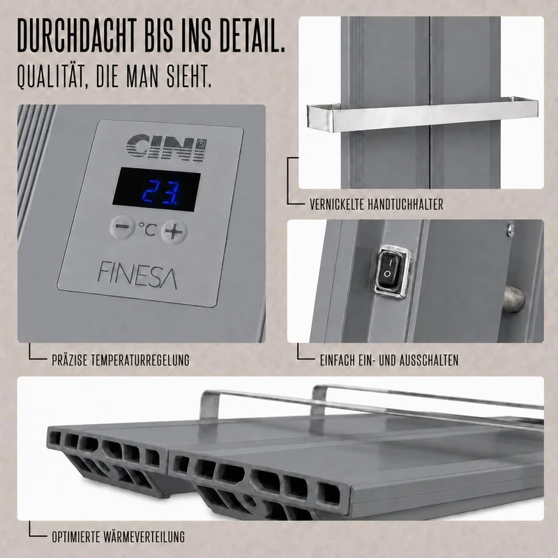 Finesa-D Badheizkörper elektrisch mit Thermostat 1500×408 mm | 1200 W – Flacher Paneel Design Handtu