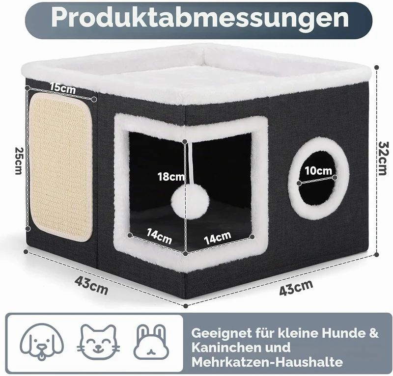 Shikha Faltbares Katzenhöhle Indoor für grosse Katzen, 43L*43B*32H cm Grosse Katzenhaus mit Kratzbre