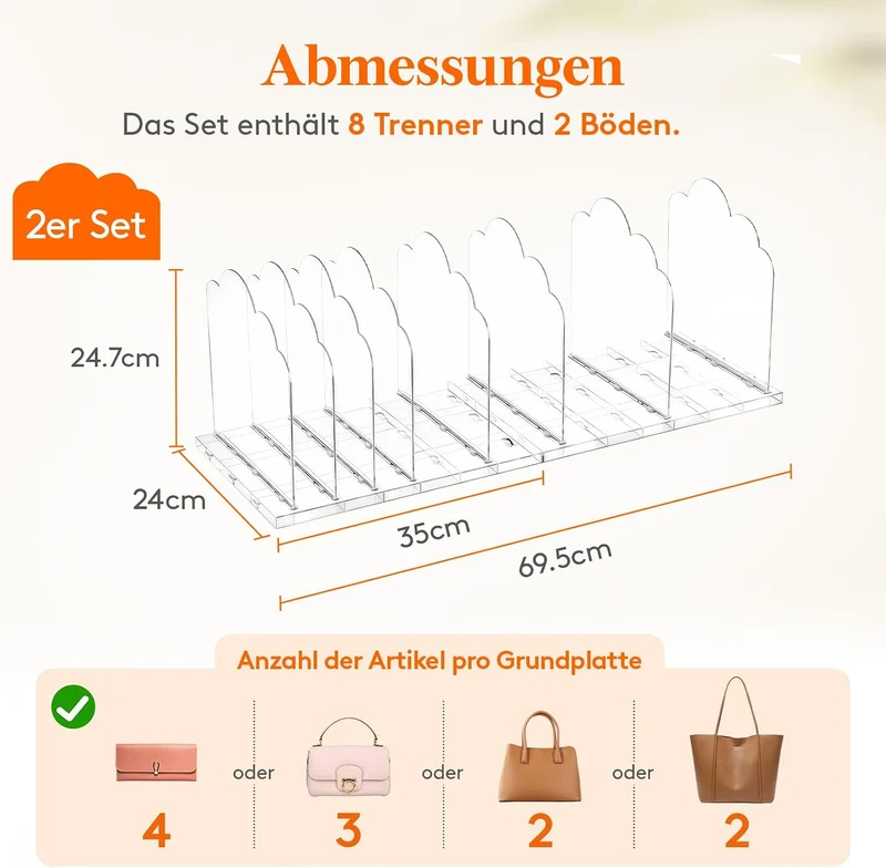 Lifewit 2 Stück Taschen Organizer Schrank mit 8 Trenner, Kunstoff Handtaschen Aufbewahrung, Verstell