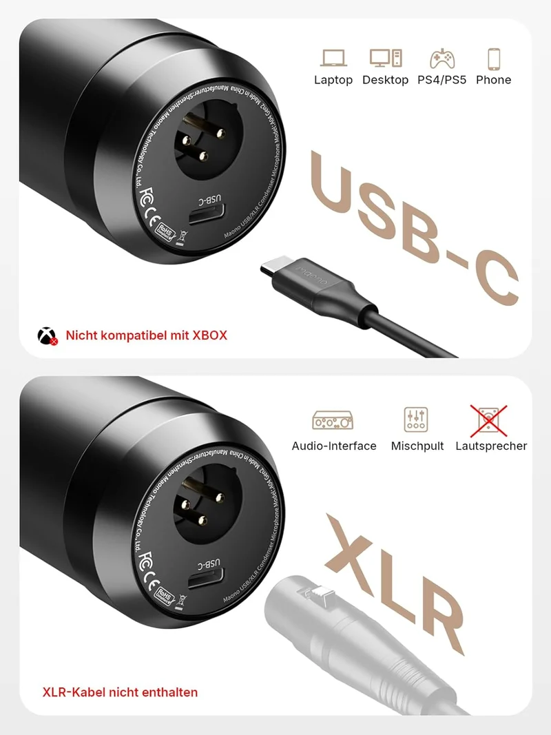 MAONO XLR/USB-Kondensatormikrofon: 192 kHz/24 Bit Plug & Play PC-Computer-Podcast Nieren-Metallmikro