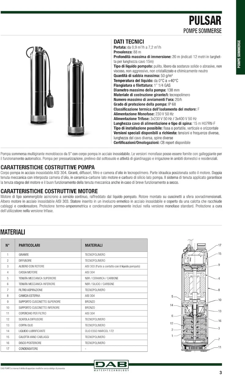 DAB PULSAR 40/50 M-NA 1 HP Einphasige Tauchpumpe Wasserverbrauch Wohnen Landwirtschaft Garten Indust