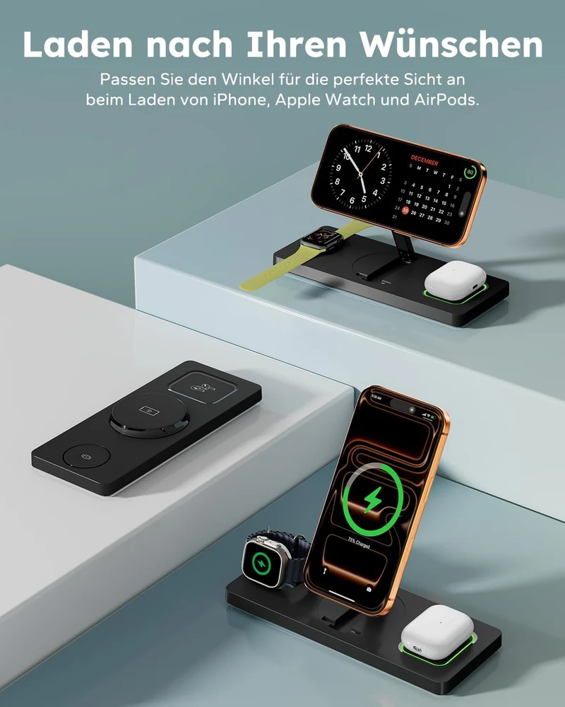 3 in 1 MagSafe Ladestation iPhone Apple Watch, Faltbar Induktive Ladestation Kompatibel mit MagSafe