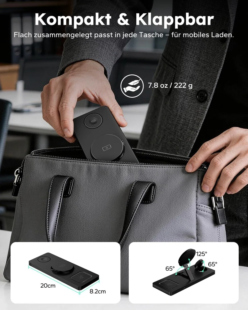 3 in 1 MagSafe Ladestation iPhone Apple Watch, Faltbar Induktive Ladestation Kompatibel mit MagSafe