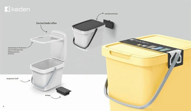 BirnePower Mülleimer 12L Aschgrau mit Deckel & Griff – Abfalleimer Systema Q Collect, Wandmontage mö
