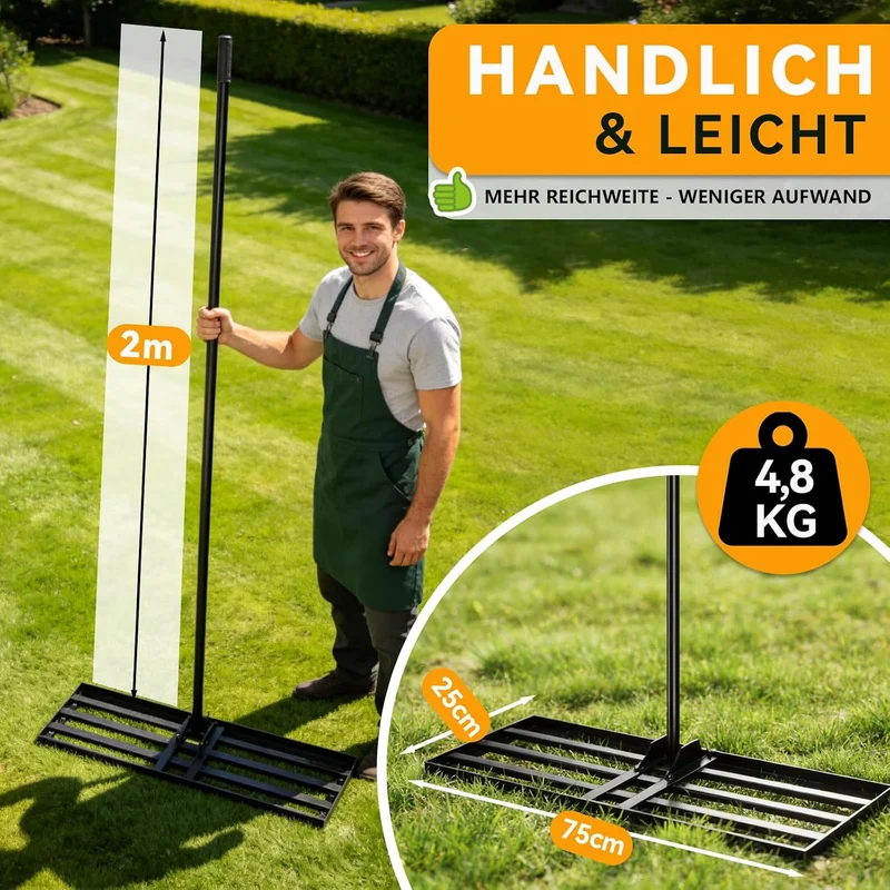 Rasen Nivellierungsrechen 75x25 cm, Rasenrechen mit 2M Verstellbarem Metallstiel, Handlicher Robuste
