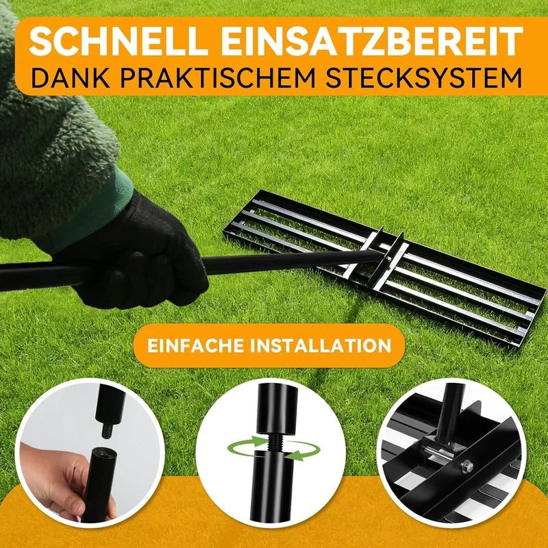 Rasen Nivellierungsrechen 75x25 cm, Rasenrechen mit 2M Verstellbarem Metallstiel, Handlicher Robuste