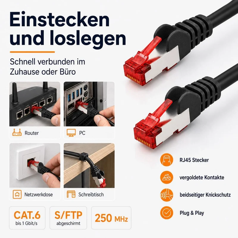 1aTTack.de 10x 7.5m Cat6 Cat.6 Ethernet-Kabel Cat 6 Netzwerk-Kabel Patch-Kabel RJ45 SFTP - Grau 10x