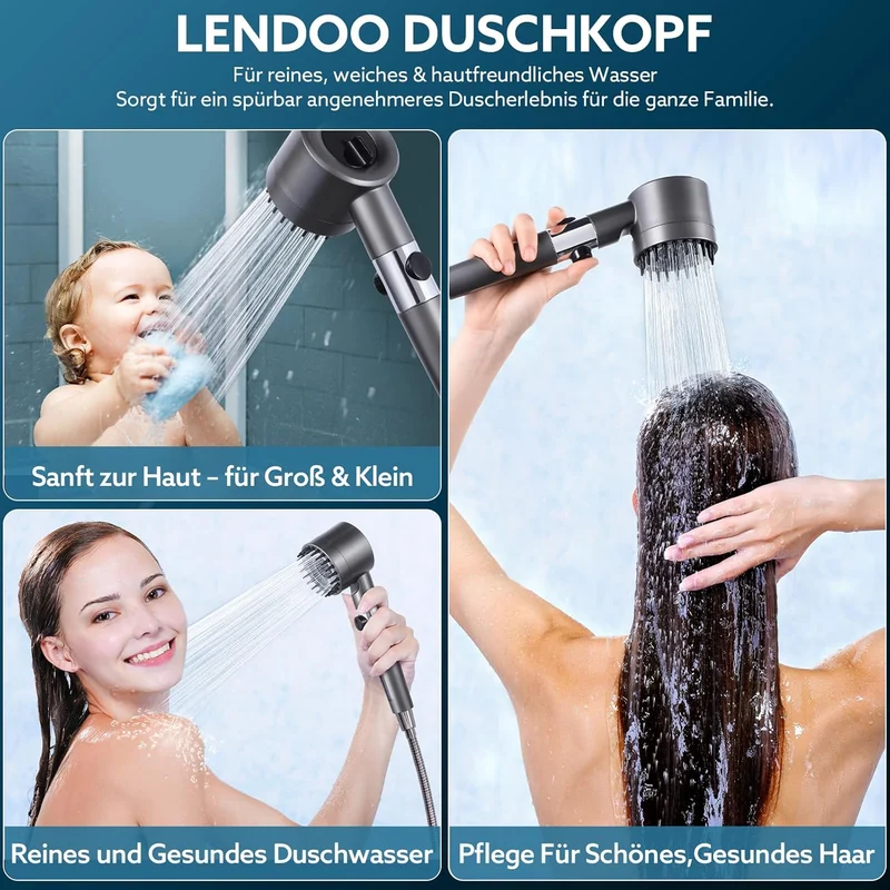 Duschkopf mit Filtera – Hochdruck Duschkopf aus Chrom mit 15-Stufen Wasserfilter, 4 Modi & Stopptast