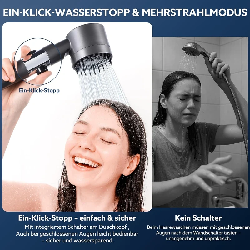 Duschkopf mit Filtera – Hochdruck Duschkopf aus Chrom mit 15-Stufen Wasserfilter, 4 Modi & Stopptast