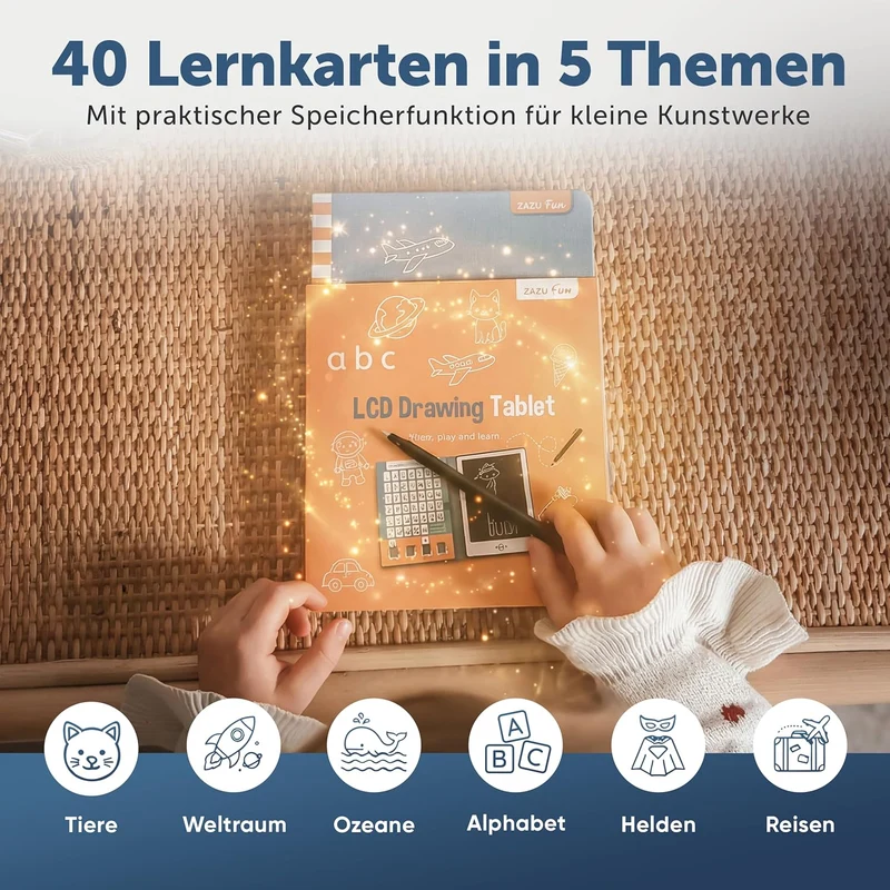 ZAZU Fun LCD Zeichentablet für Kinder – 8,5 Zoll Maltablet mit 40 Vorlagenkarten & Stift, Löschfunkt