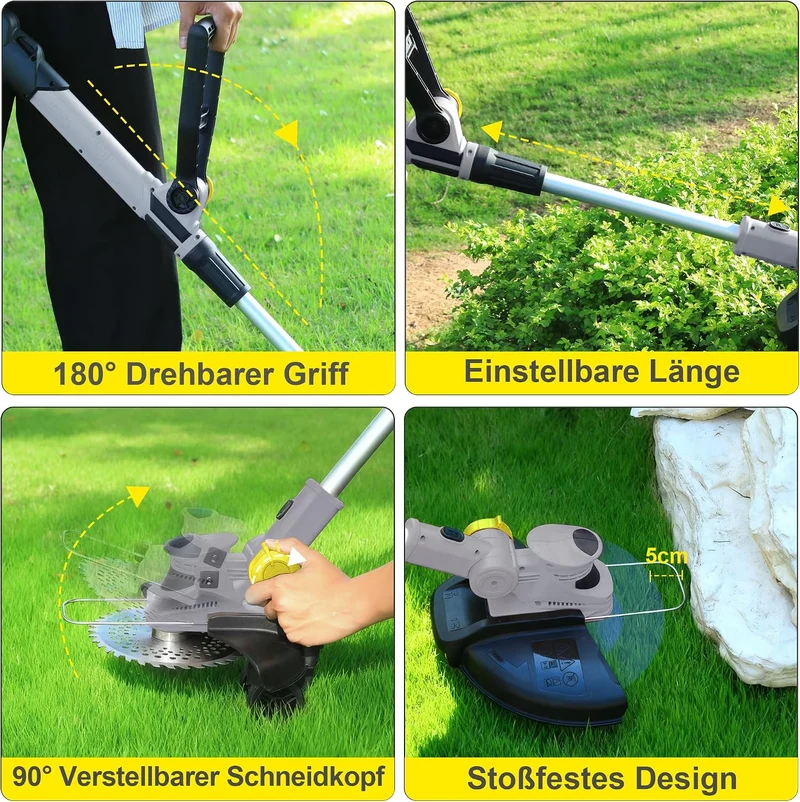 Rasentrimmer mit 21V,freischneider mit unkrautbürste,2-in-1 Freischneider akku,6 Klingentypen,inkl 2