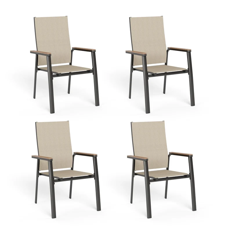 MFSTUDIO Gartenstuhl 4er Set Aluminium, Textilene Balkon Stühle Stapelbar mit Handlauf mit Holzmaser