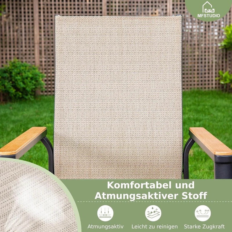 MFSTUDIO Gartenstuhl 4er Set Aluminium, Textilene Balkon Stühle Stapelbar mit Handlauf mit Holzmaser