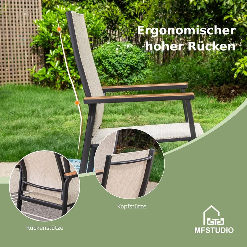 MFSTUDIO Gartenstuhl 4er Set Aluminium, Textilene Balkon Stühle Stapelbar mit Handlauf mit Holzmaser
