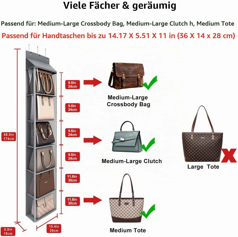 Lirex Geldbörsen-Organizer, 6 Taschen Handtaschen-Organizer mit Reissverschluss zum Aufhängen, für S