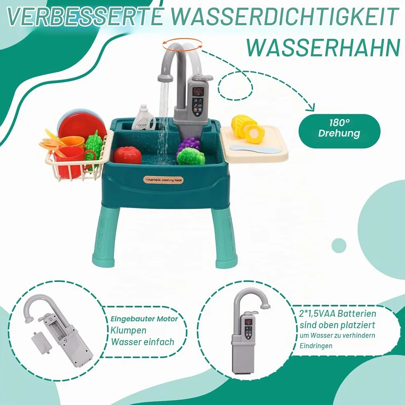 Kinder Geschirrspülbecken Spielzeug – Wasserspiel Küchenset mit Zirkulationswasserhahn, Gemüse & Ges
