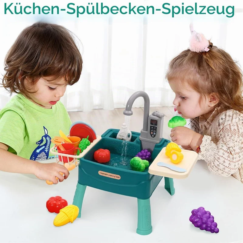 Kinder Geschirrspülbecken Spielzeug – Wasserspiel Küchenset mit Zirkulationswasserhahn, Gemüse & Ges