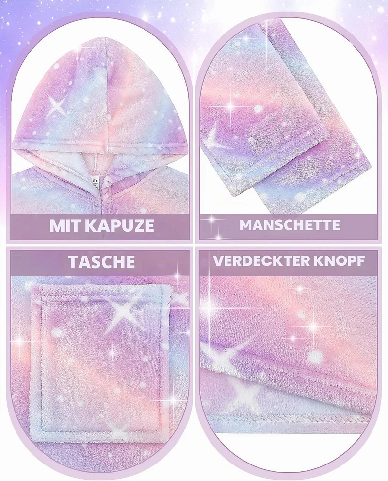 KAKU NANU Kuschelig weicher Bademantel für Mädchen,Flauschiger Regenbogen Plüsch Morgenmantel mit Ka