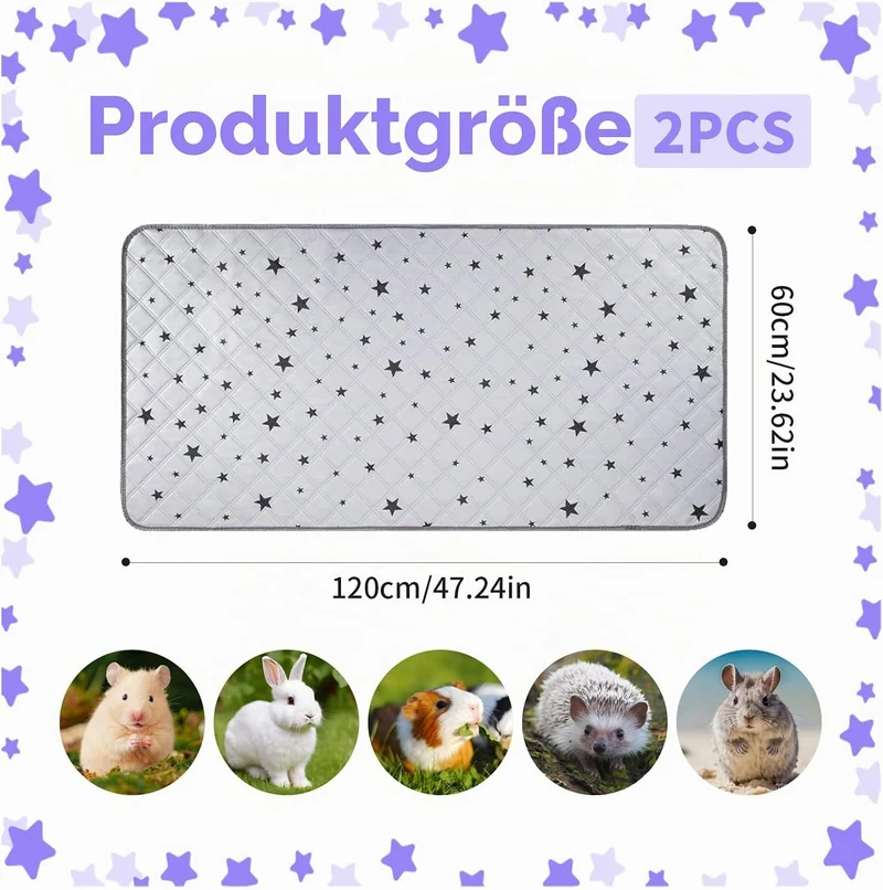 2 Stück 60x120cm Meerschweinchen Unterlage Waschbar, Pipipads Meerschweinchen, Grau Stern, wasserdic