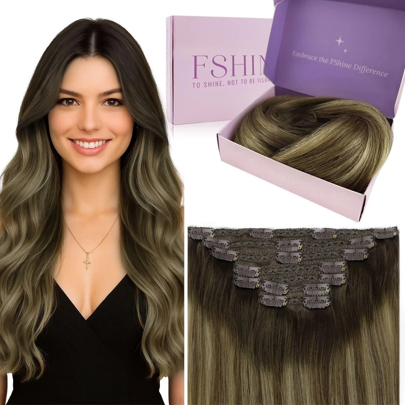 Echthaar Extensions Clip Balayage Mittelbraun mit Platinblond 45cm Haarverlängerun Echthaar Extensio