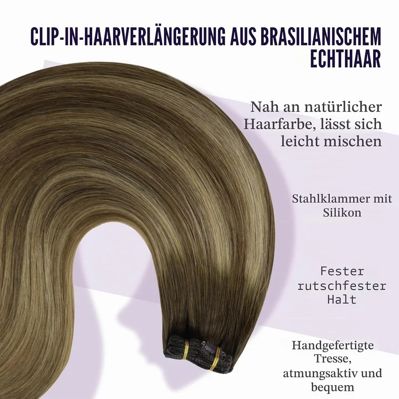 Echthaar Extensions Clip Balayage Mittelbraun mit Platinblond 45cm Haarverlängerun Echthaar Extensio