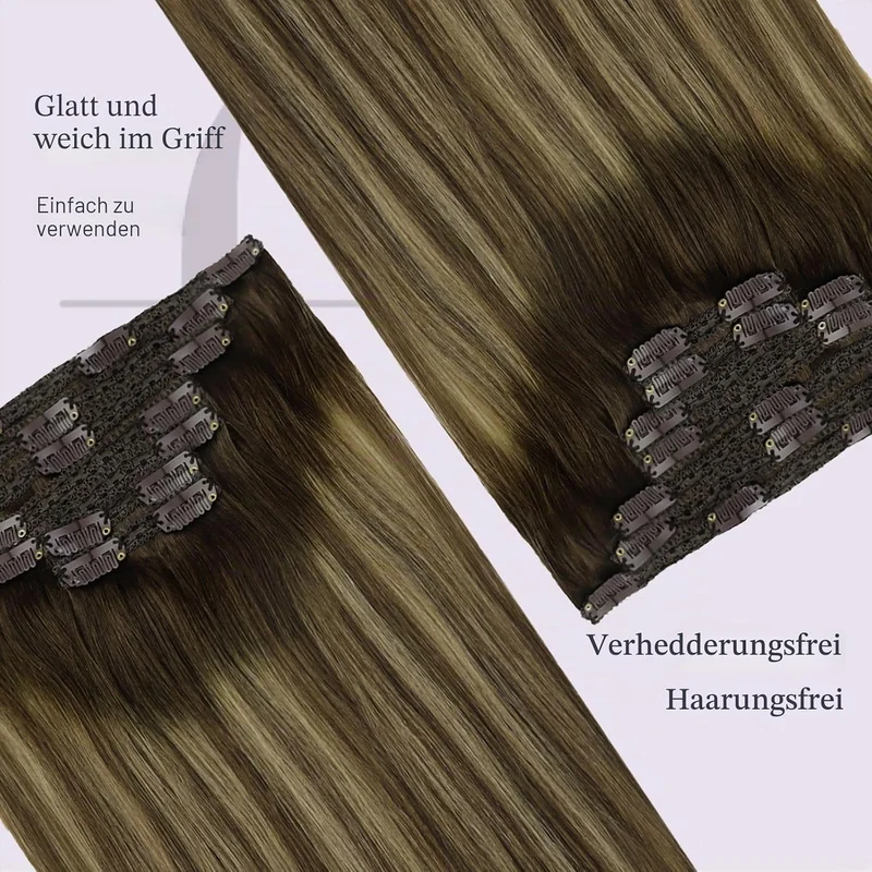 Echthaar Extensions Clip Balayage Mittelbraun mit Platinblond 45cm Haarverlängerun Echthaar Extensio