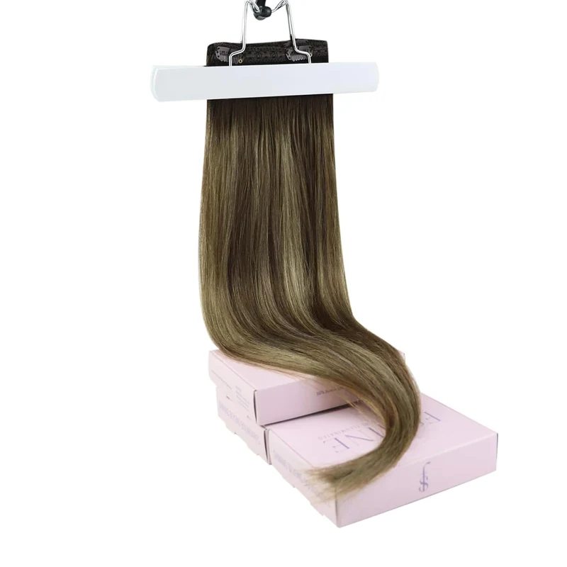 Echthaar Extensions Clip Balayage Mittelbraun mit Platinblond 45cm Haarverlängerun Echthaar Extensio