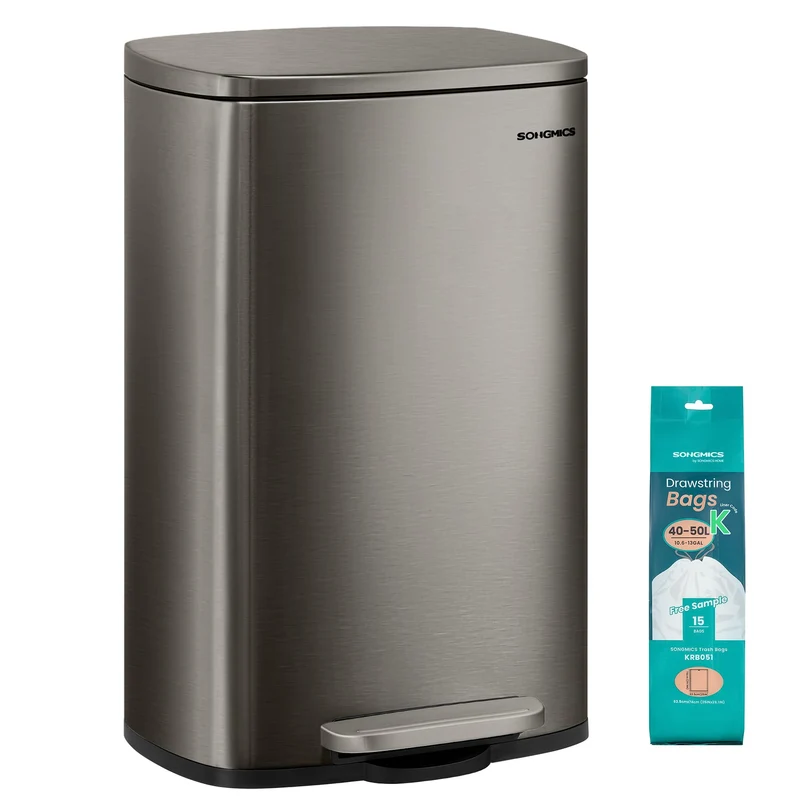 SONGMICS Mülleimer Küche Abfalleimer Treteimer Stahl 50 Liter Silbergrau 50 L, Silbergrau 50 L