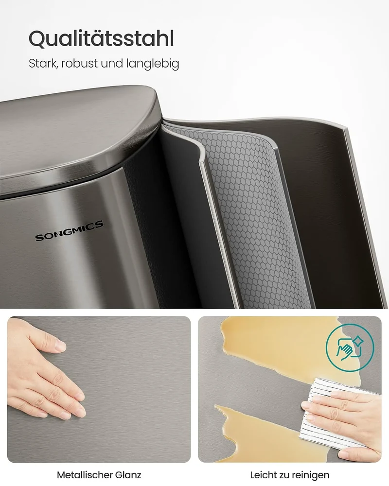 SONGMICS Mülleimer Küche Abfalleimer Treteimer Stahl 50 Liter Silbergrau 50 L, Silbergrau 50 L