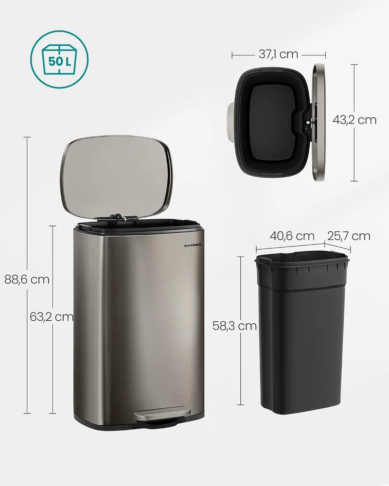 SONGMICS Mülleimer Küche Abfalleimer Treteimer Stahl 50 Liter Silbergrau 50 L, Silbergrau 50 L