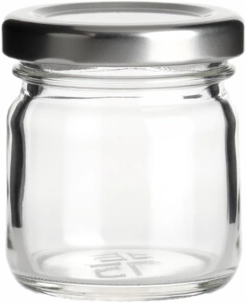 gouveo 48er Set Einmachgläser 40 ml Mini mit Schraub-Deckel silberfarben - Mini Vorratsgläser mit Dr