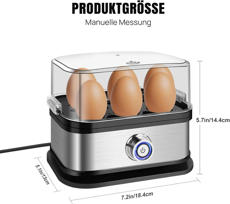 Eierkocher Edelstahl, 6 Eier Kapazität, für weich, mittel und hart gekocht, mit automatischer Abscha