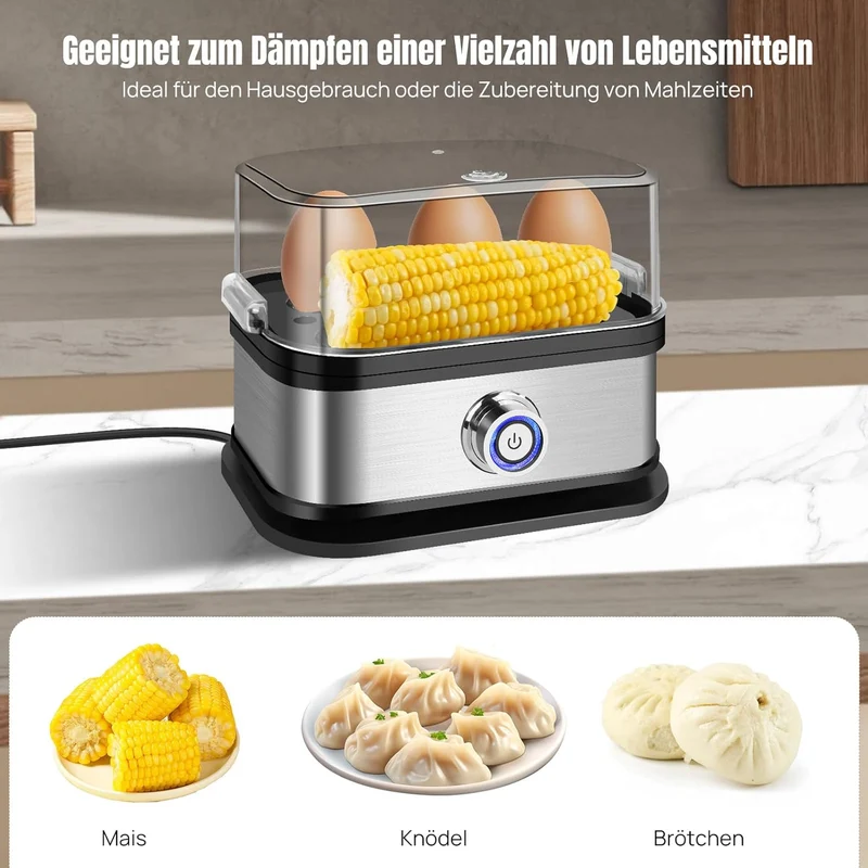 Eierkocher Edelstahl, 6 Eier Kapazität, für weich, mittel und hart gekocht, mit automatischer Abscha
