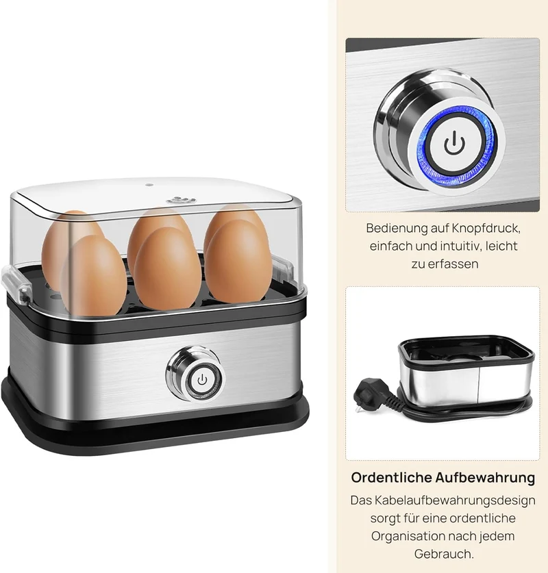 Eierkocher Edelstahl, 6 Eier Kapazität, für weich, mittel und hart gekocht, mit automatischer Abscha