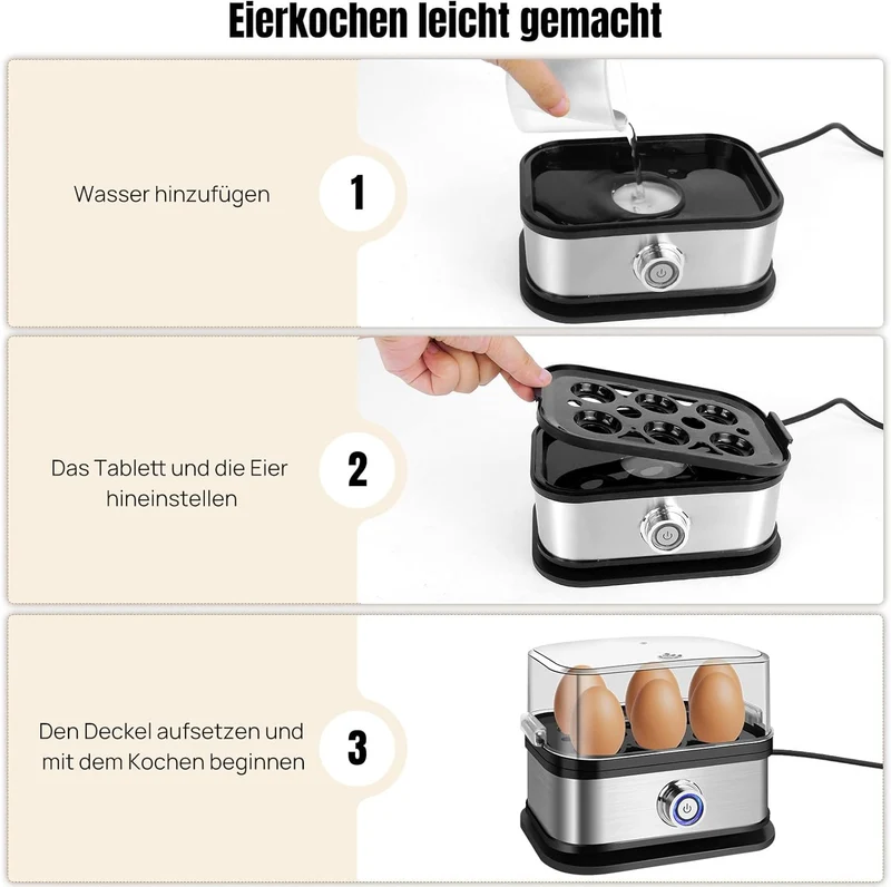 Eierkocher Edelstahl, 6 Eier Kapazität, für weich, mittel und hart gekocht, mit automatischer Abscha
