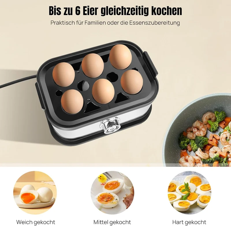 Eierkocher Edelstahl, 6 Eier Kapazität, für weich, mittel und hart gekocht, mit automatischer Abscha