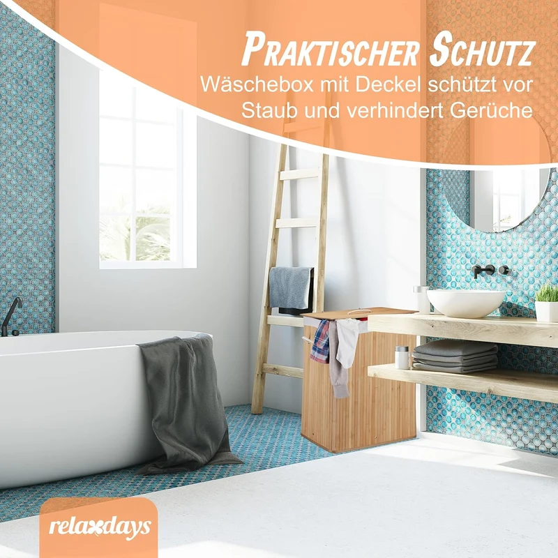 Relaxdays Wäschekorb mit Deckel, Bambus, 80 Liter, Faltbarer Wäschesammler, HxBxT: 60 x 40 x 30 cm,