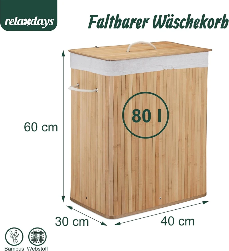 Relaxdays Wäschekorb mit Deckel, Bambus, 80 Liter, Faltbarer Wäschesammler, HxBxT: 60 x 40 x 30 cm,
