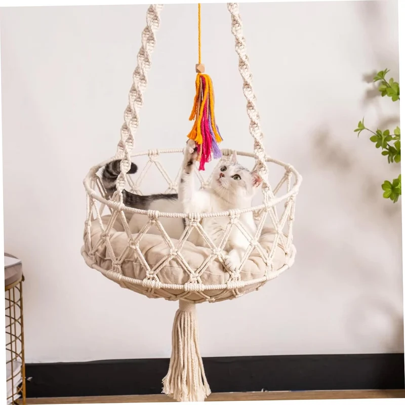 Katzenschwung 49 Zoll Hanges Katzenbett mit Baumwollmatte Boho -Katze Hängematte mit Quasten Platz s