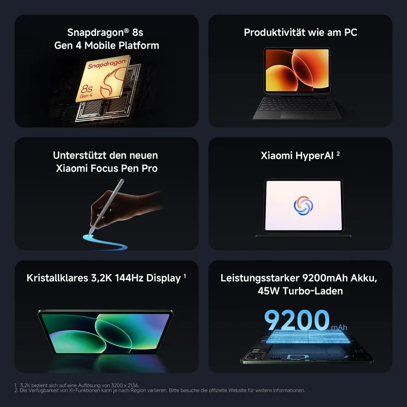 XIAOMI Pad 8 Tablet 11,2 Zoll, 8GB RAM + 256GB Speicher, Snapdragon® 8s Gen 4, 9200mAh Akku, 144Hz D