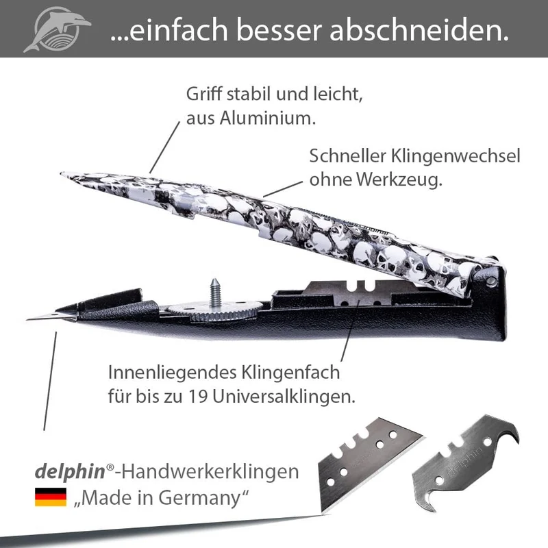 Delphin®-03 Teppichmesser, Design Edition, Feststehende Klinge, Profi Cuttermesser, Alu, Klingen und