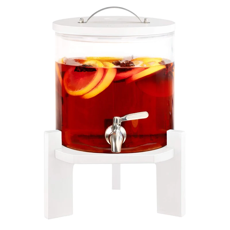 Navaris 5L Getränkespender mit Zapfhahn aus Edelstahl - Glas Wasserspender mit Stand aus Buchen Holz