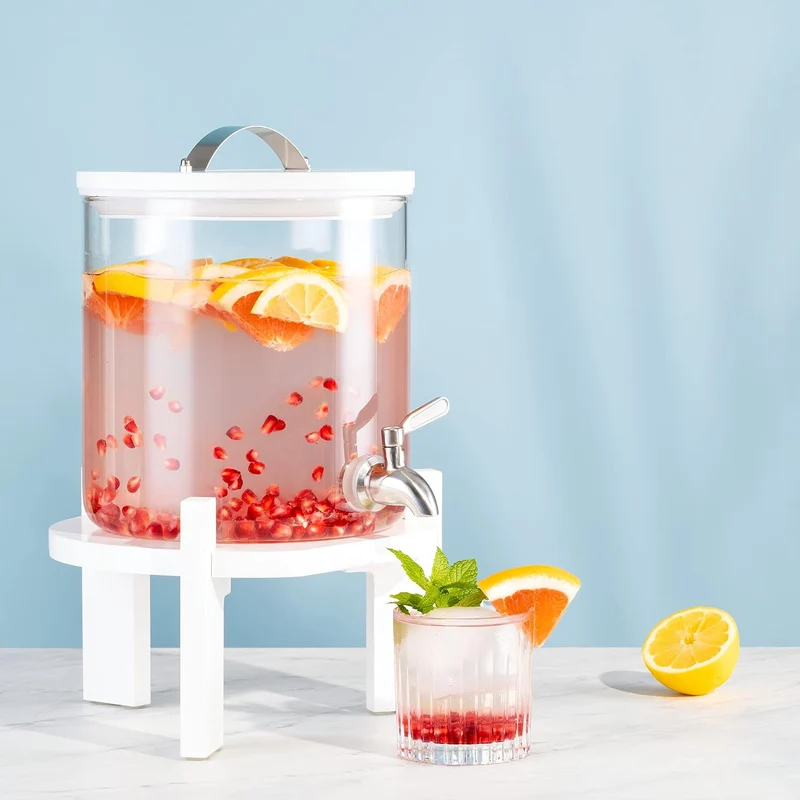 Navaris 5L Getränkespender mit Zapfhahn aus Edelstahl - Glas Wasserspender mit Stand aus Buchen Holz