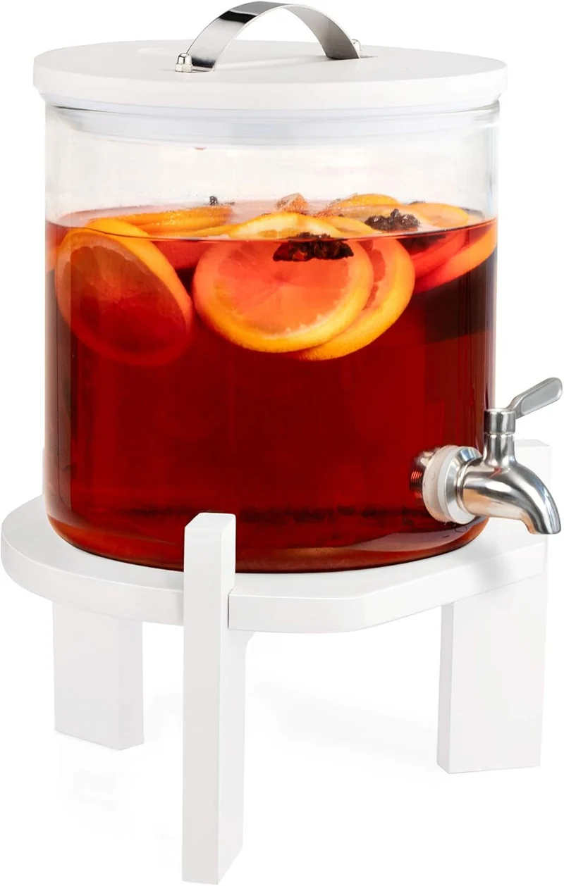Navaris 5L Getränkespender mit Zapfhahn aus Edelstahl - Glas Wasserspender mit Stand aus Buchen Holz