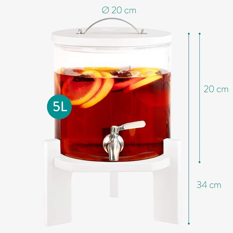 Navaris 5L Getränkespender mit Zapfhahn aus Edelstahl - Glas Wasserspender mit Stand aus Buchen Holz