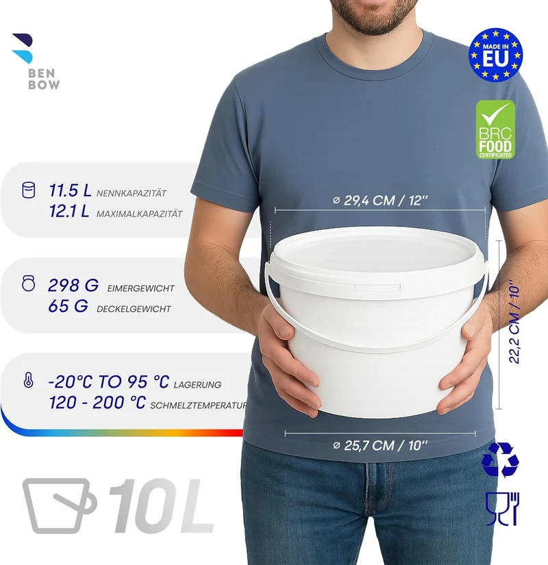 BenBow Eimer mit Deckel 10l Weiss 3X 10 Liter - lebensmittelecht, stabil, luftdicht, auslaufsicher,